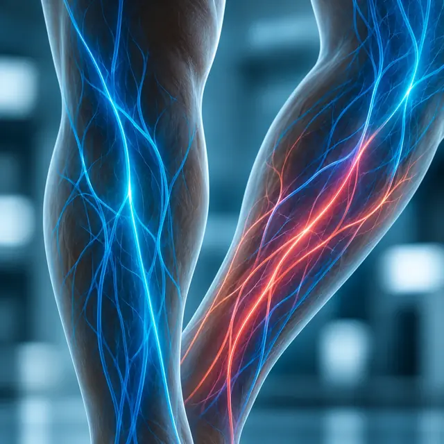 Gambe con la rete dei vasi sanguigni evidenziata in luce